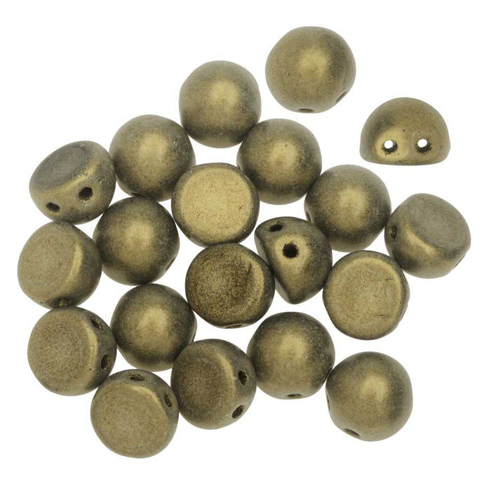 CzechMates Glass, 2-Hole Round Cabochon Beads 7mm Diameter, Metallic Gold Suede (2.5" Tube)