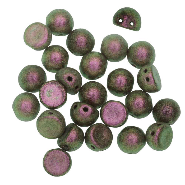 CzechMates Glass, 2-Hole Round Cabochon Beads 7mm Diameter, Black Currant Polychrome (2.5" Tube)