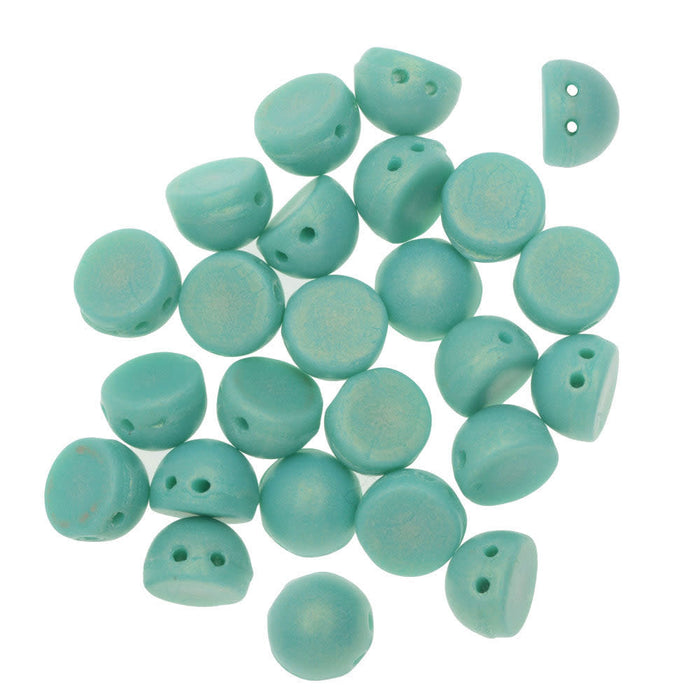 CzechMates Glass, 2-Hole Round Cabochon Beads 7mm Diameter, Sueded Gold Turquoise (2.5" Tube)
