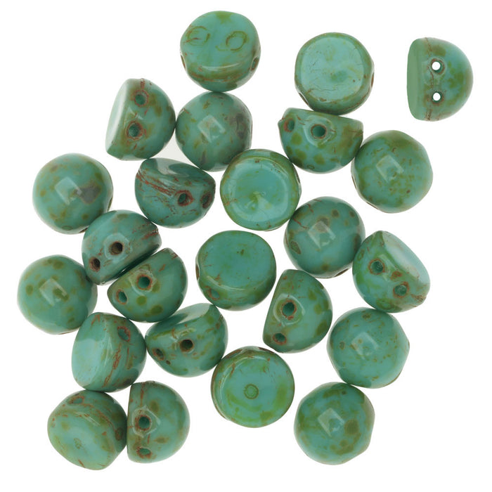 CzechMates Glass, 2-Hole Round Cabochon Beads 7mm Diameter, Opaque Turquoise Picasso (2.5" Tube)