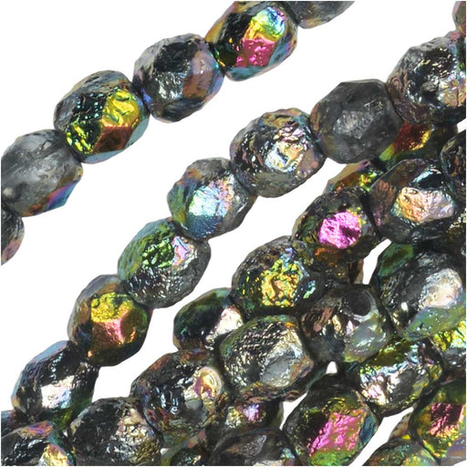 Czech Fire Polished Glass Beads, Faceted Round 4mm, Etched Crystal Full Vitrail (40 Pieces)