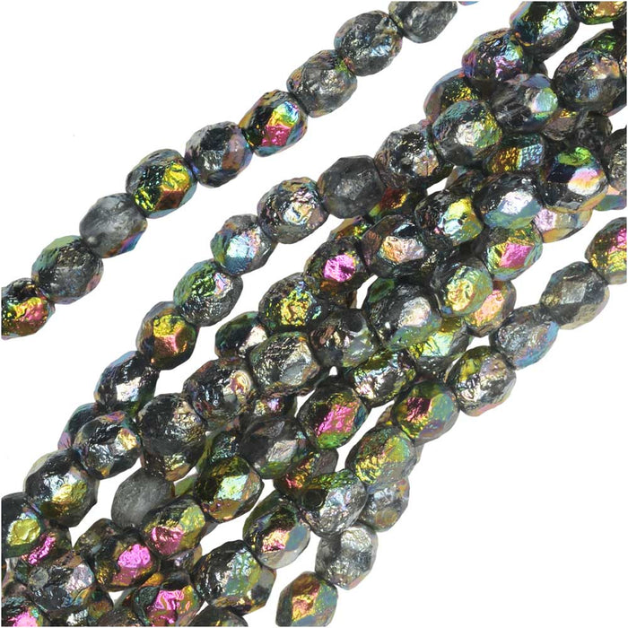 Czech Fire Polished Glass Beads, Faceted Round 4mm, Etched Crystal Full Vitrail (40 Pieces)