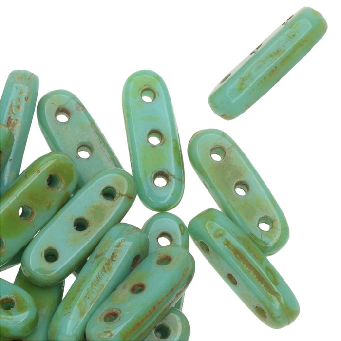 CzechMates Glass, 3-Hole Beam Beads 10x3.5mm, Opaque Turquoise Picasso (2.5" Tube)