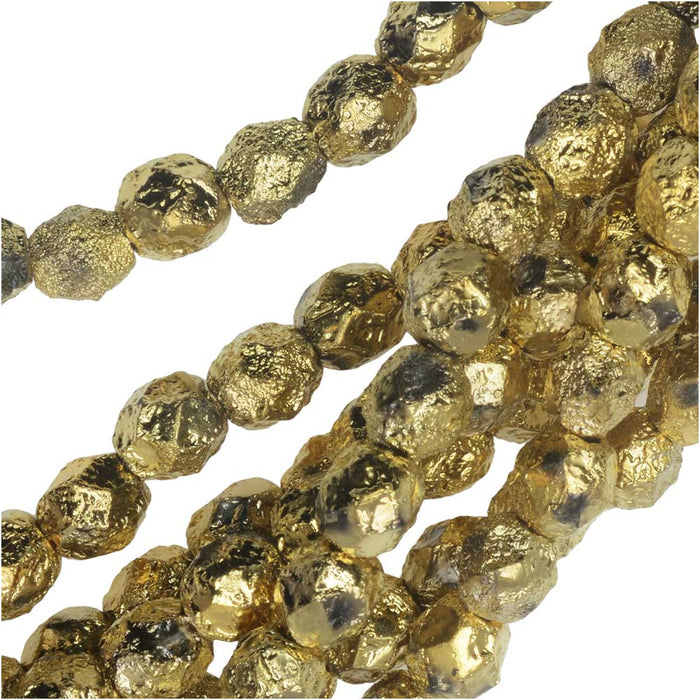 Czech Fire Polished Glass Beads, Faceted Round 6mm, Etched Crystal Half-Coat Amber Gold (25 Pieces)