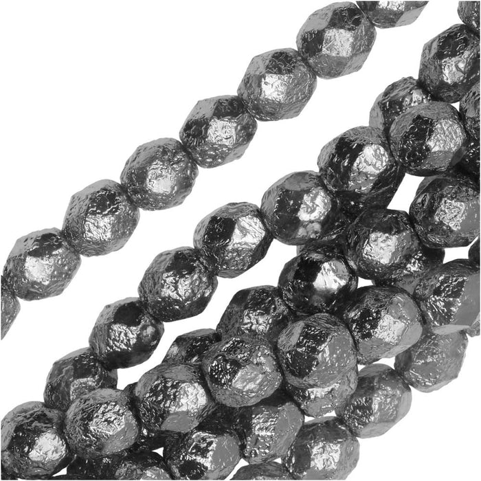 Czech Fire Polished Glass Beads, Faceted Round 6mm, Etched Crystal Full Chrome Silver (25 Pieces)