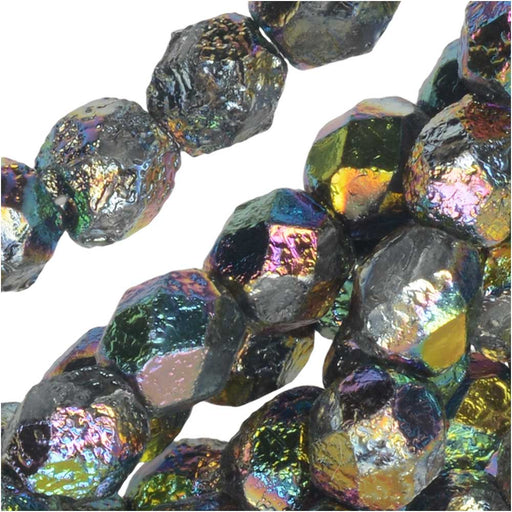 Czech Fire Polished Glass Beads, Faceted Round 6mm, Etched Crystal Full Vitrail (25 Pieces)