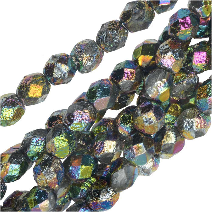 Czech Fire Polished Glass Beads, Faceted Round 6mm, Etched Crystal Full Vitrail (25 Pieces)