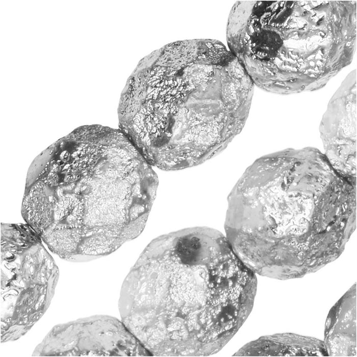Czech Fire Polished Glass Beads, Faceted Round 8mm, Etched Crystal Full Labrador Silver (20 Pieces)