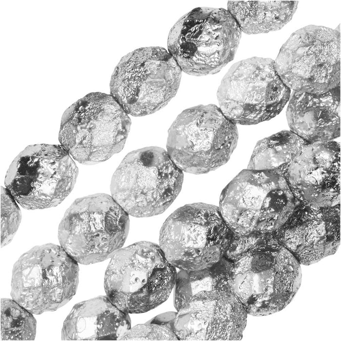 Czech Fire Polished Glass Beads, Faceted Round 8mm, Etched Crystal Full Labrador Silver (20 Pieces)