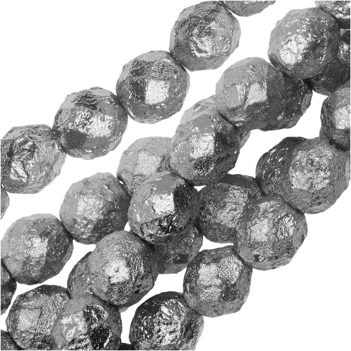 Czech Fire Polished Glass Beads, Faceted Round 8mm, Etched Crystal Full Chrome Silver (20 Pieces)