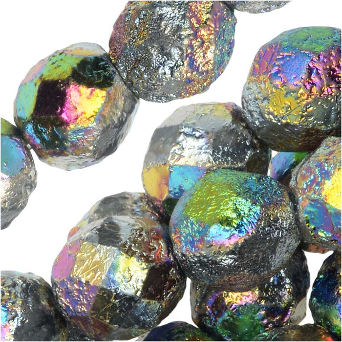 Czech Fire Polished Glass Beads, Faceted Round 8mm, Etched Crystal Full Vitrail (20 Pieces)