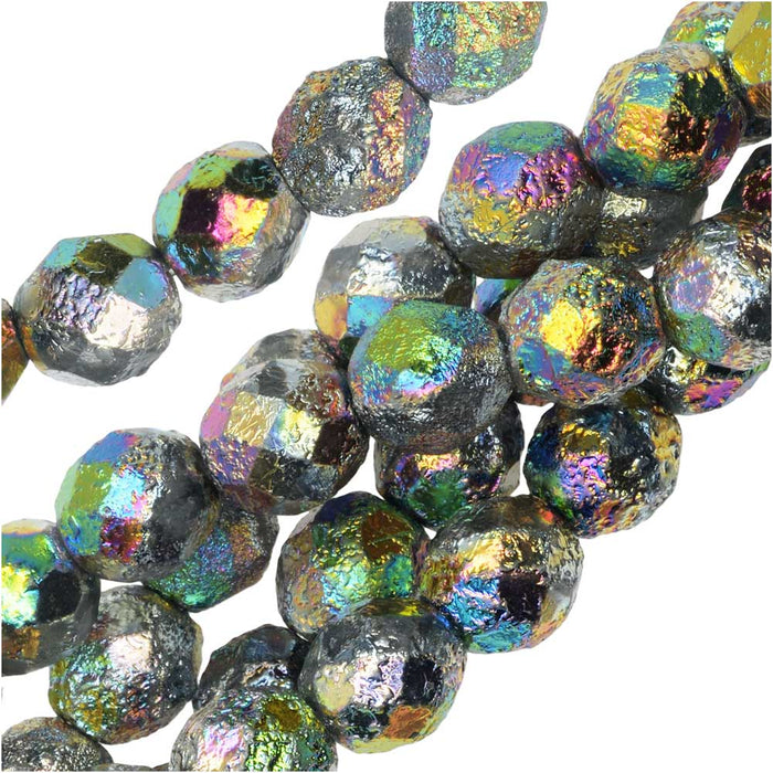 Czech Fire Polished Glass Beads, Faceted Round 8mm, Etched Crystal Full Vitrail (20 Pieces)