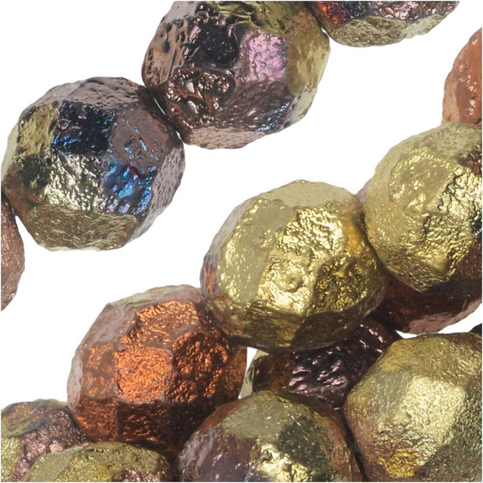 Czech Fire Polished Glass Beads, Faceted Round 8mm, Etched Crystal California Gold Rush (20 Pieces)