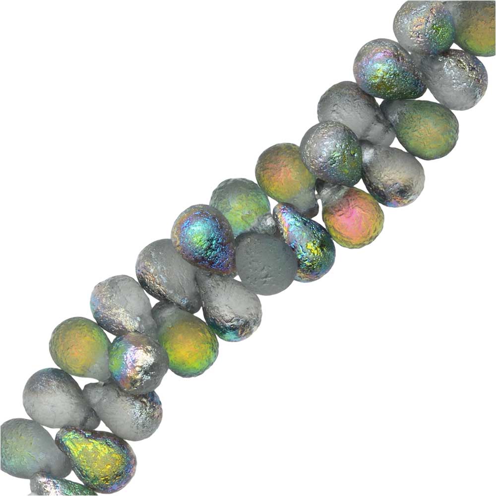 Czech Glass Beads, Teardrop 6x4mm, Etched Crystal Full Vitrail (25 Pieces)