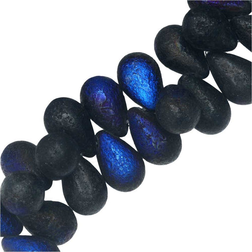 Czech Glass Beads, Teardrop 9x6mm, Etched Jet Azuro (20 Pieces)