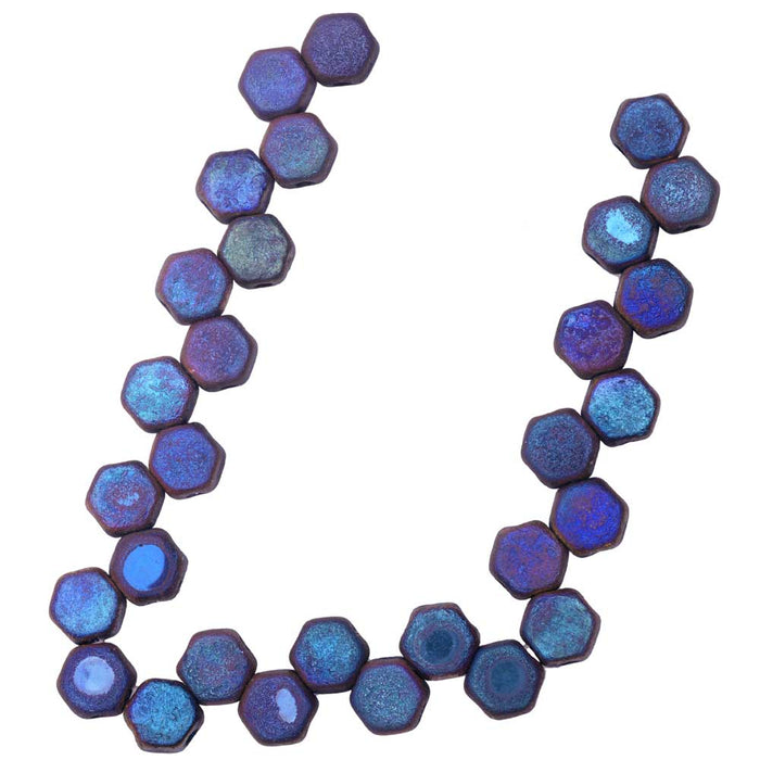 Czech Glass Honeycomb Beads, 2-Hole Hexagon 6mm, Etched Jet Full Sliperit (30 Pieces)