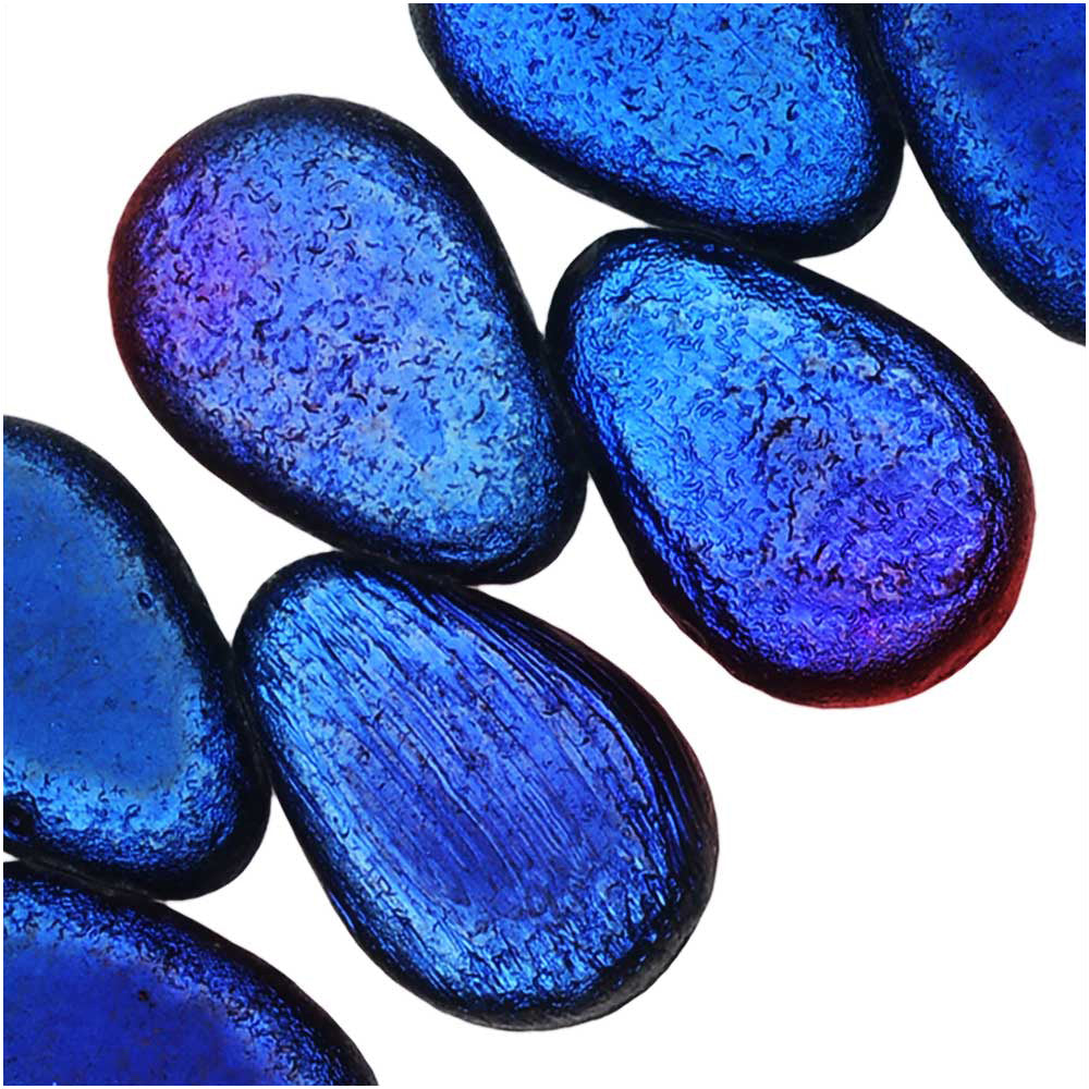 Czech Glass Beads, Flat Pear Teardrop 11x9mm, Etched Jet Full Azuro (30 Pieces)