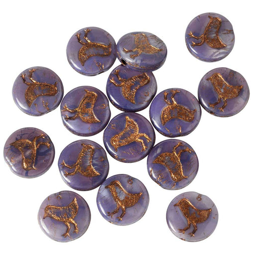 Czech Glass Beads, Bird Coin 11mm, Purple Opal with Dark Bronze Wash, by Raven's Journey (1 Strand)