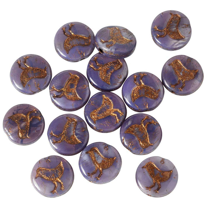 Czech Glass Beads, Bird Coin 11mm, Purple Opal with Dark Bronze Wash, by Raven's Journey (1 Strand)