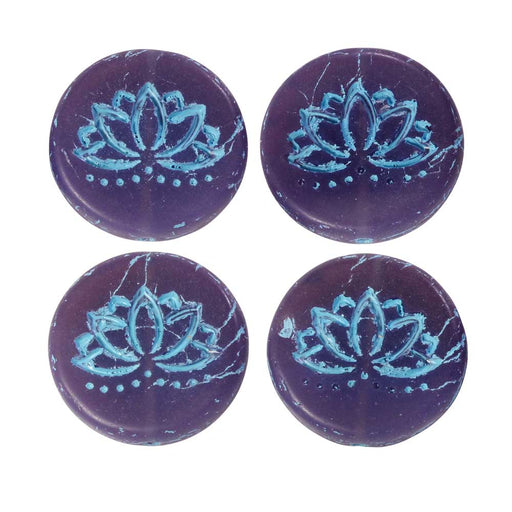 Czech Glass Beads, Lotus Flower Coin 18mm, Purple Opaline Matte, Turquoise, by Raven's Journey (4 Pc)