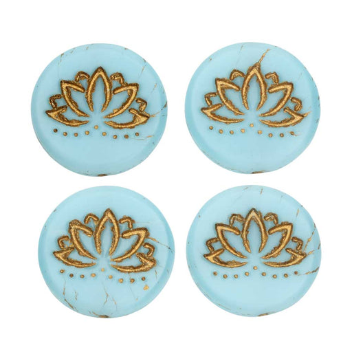 Czech Glass Beads, Lotus Flower Coin 18mm, Sky Blue Silk Matte, Gold Wash, by Raven's Journey (10 Pieces)