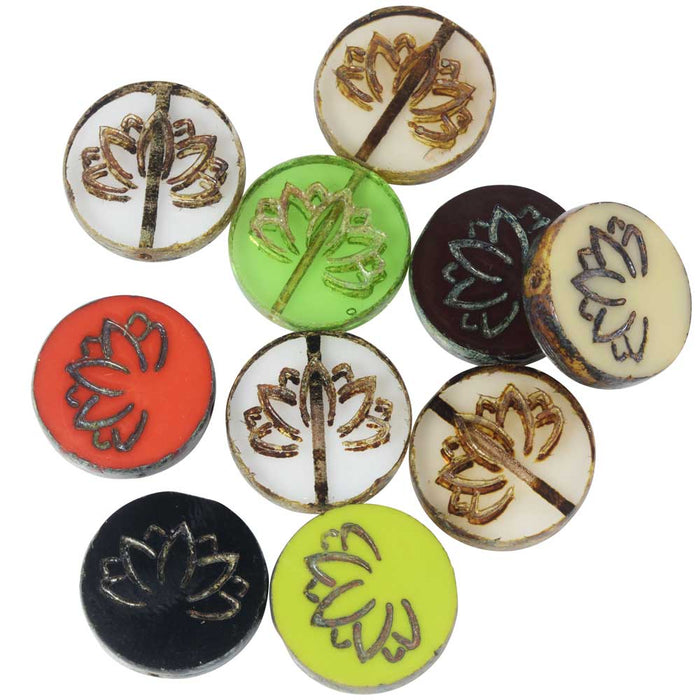 Czech Glass Beads, Lotus Flower Coin 17.5mm, Mixed Colors, Picasso Finish, 1 Str, by Raven's Journey