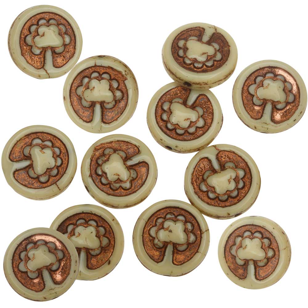 Czech Glass Beads, Tree Coin 13.5mm, Ivory Opaque, Dark Bronze Wash, by Raven's Journey (1 Strand)