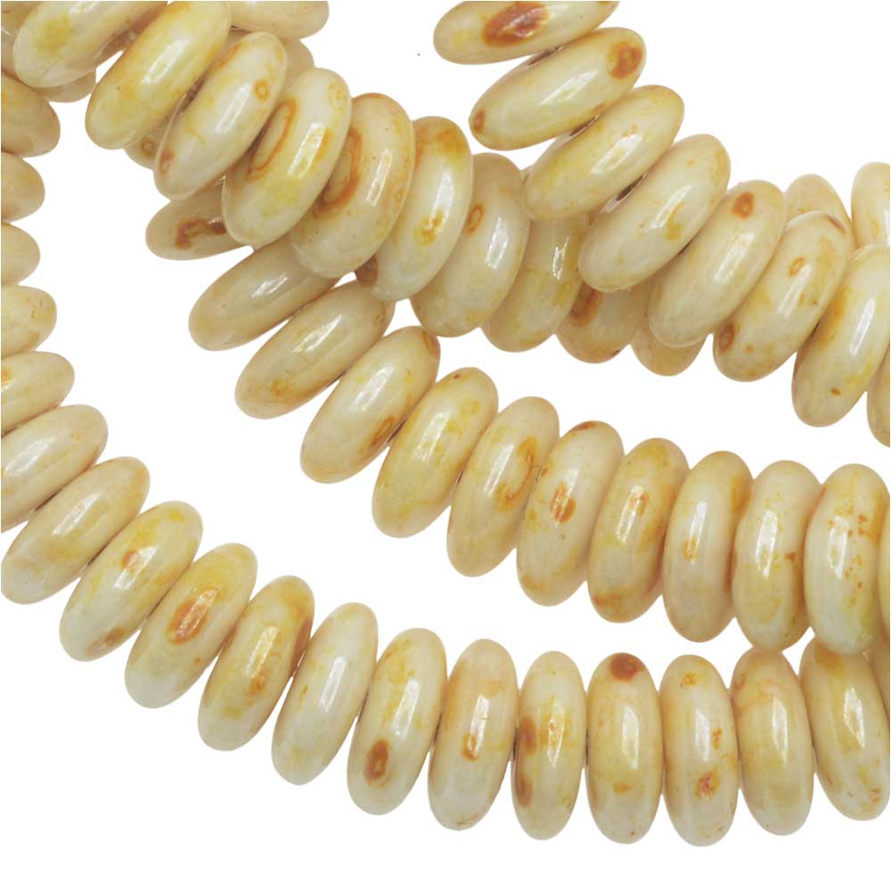 Czech Glass Beads, Spacer Disc 6mm, Ivory Opaque, Speckled Natural Luster, 1 Str, by Raven's Journey