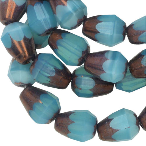 Czech Glass Beads, Faceted Bottom Cut Drop 8mm, Aqua Blue Opal,Purple Bronze, 1 Str, Raven's Journey