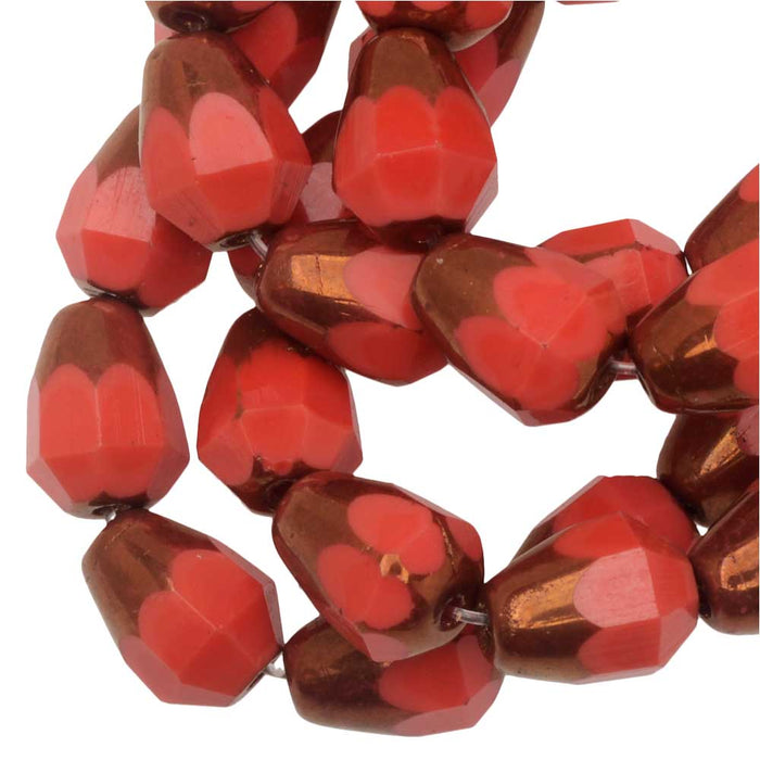 Czech Glass Beads, Faceted Bottom Cut Drop 8mm, Coral Red Opaque, Bronze, 1 Str, by Raven's Journey