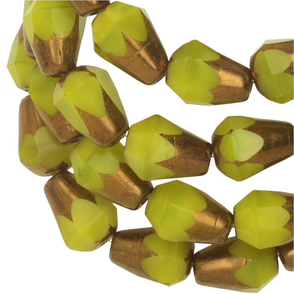 Czech Glass Beads, Faceted Bottom Cut Drop 8mm, Lime Green Silk, Bronze, 1 Str, by Raven's Journey