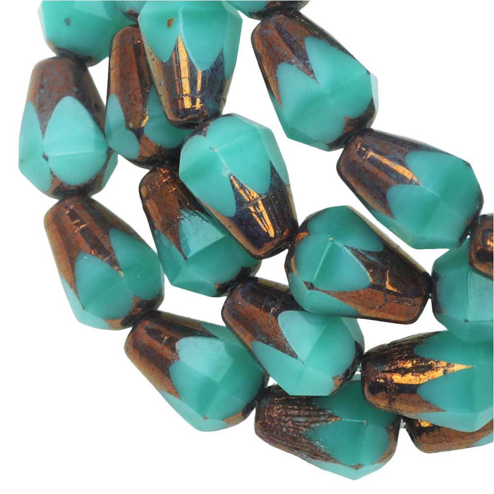 Czech Glass Beads, Faceted Bottom Cut Drop 8mm, Turquoise Silk, Bronze, by Raven's Journey (1 Strand)