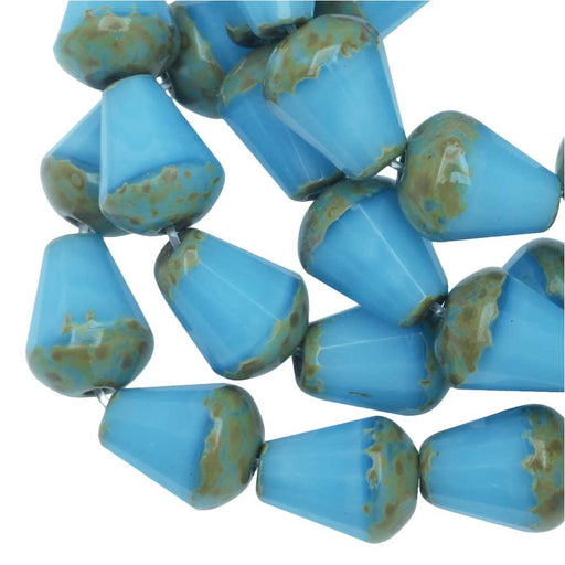 Czech Glass Beads, Faceted Top Cut Drop 8mm, Denim Blue Silk, Picasso, by Raven's Journey (1 Strand)