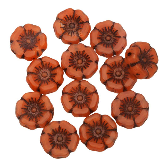Czech Glass Beads, Hibiscus Flower 11mm, Orange Silk, Dark Bronze Wash, by Raven's Journey (1 Strand)