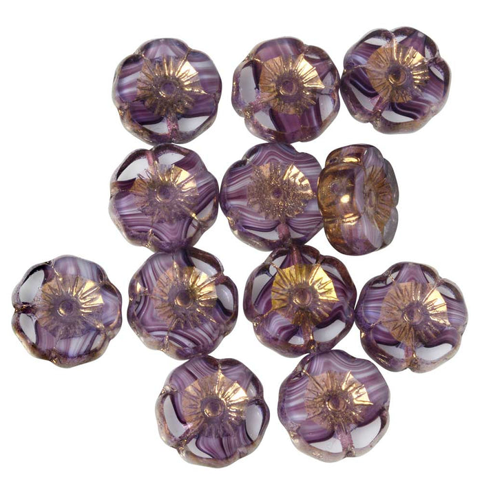 Czech Glass Beads, Hibiscus Flower 11mm, Purple & White Stripe, Bronze, 1 Str, by Raven's Journey