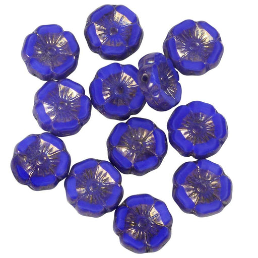 Czech Glass Beads, Hibiscus Flower 11mm, Royal Blue Silk, Purple Bronze, 1 Str, by Raven's Journey