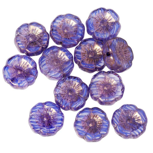 Czech Glass Beads, Hibiscus Flower 11mm, Sapphire Stripe, Purple Bronze, 1 Str, by Raven's Journey