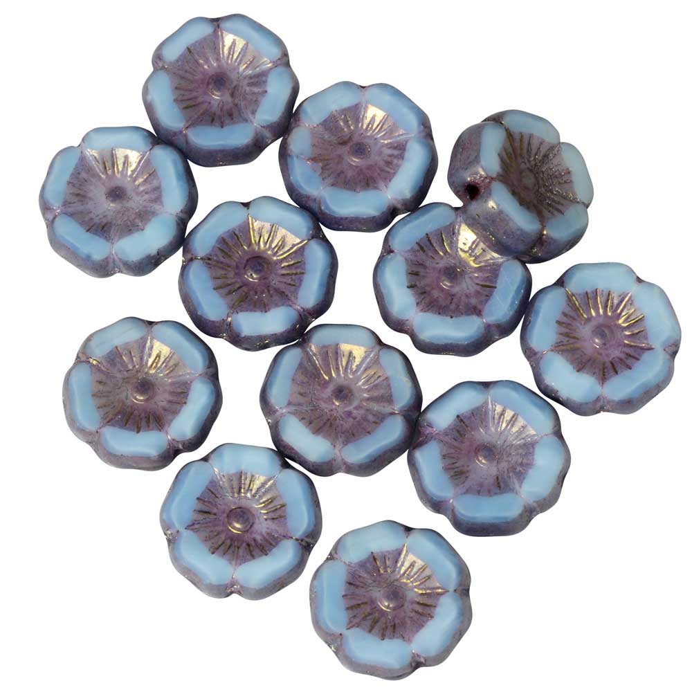 Czech Glass Beads, Hibiscus Flower 11mm, Sky Blue Silk, Lavender Bronze, 1 Str, by Raven's Journey