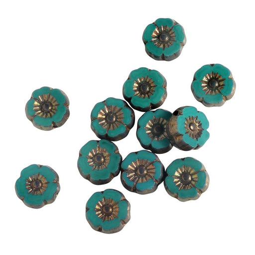 Czech Glass Beads, Hibiscus Flower 9mm, Green Turquoise Opaque, Bronze, by Raven's Journey (1 Strand)