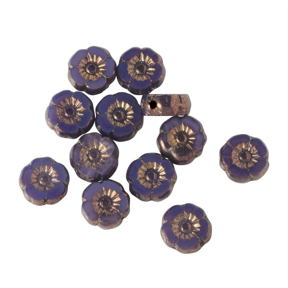 Czech Glass Beads, Hibiscus Flower 9mm, Purple Opaline, Bronze Finish, by Raven's Journey (1 Strand)