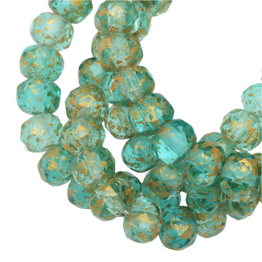 Czech Glass Beads, Faceted Rondelle 3x5mm, Aqua Green Transparent, Ant Gold, 1 Str, by Raven's Journey