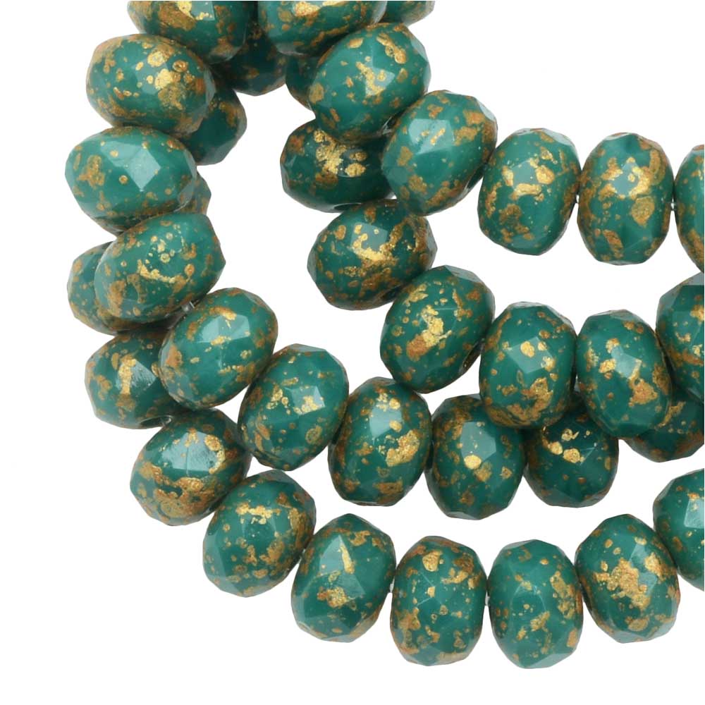 Czech Glass Beads, Faceted Rondelle 3x5mm, Green Turquoise Opaque, Ant Gold, 1 Str, by Raven's Journey