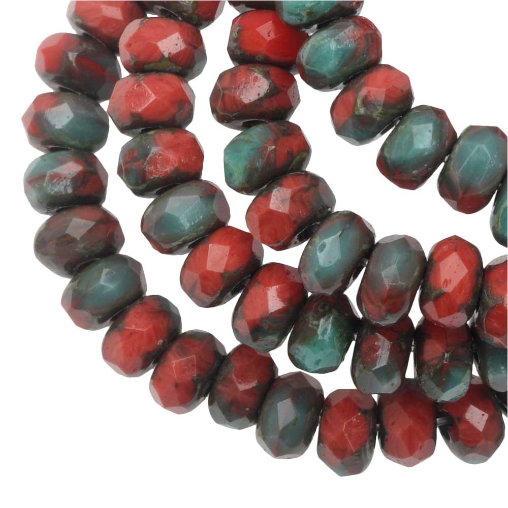 Czech Glass Beads, Faceted Rondelle 3x5mm, Red & Turquoise Mix, Picasso, 1 Str, by Raven's Journey