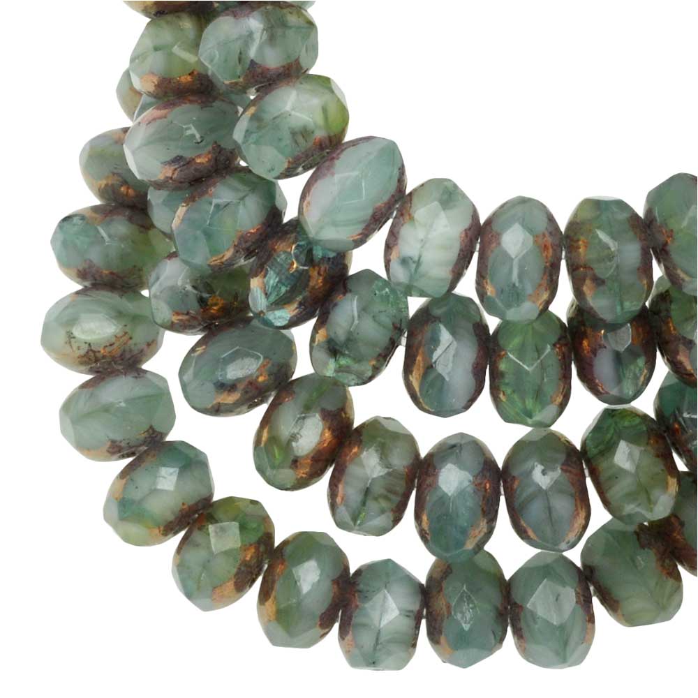 Czech Glass Beads, Faceted Rondelle 3x5mm, Sage and Green Mix Opaque,Bronze, 1 Str, by Raven's Journey