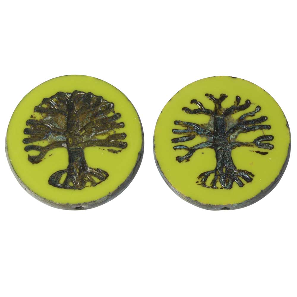Czech Glass Beads, Tree of Life Coin 21.5mm, Gaspeite Green Opaque, Picasso, by Raven's Journey (1 Strand)