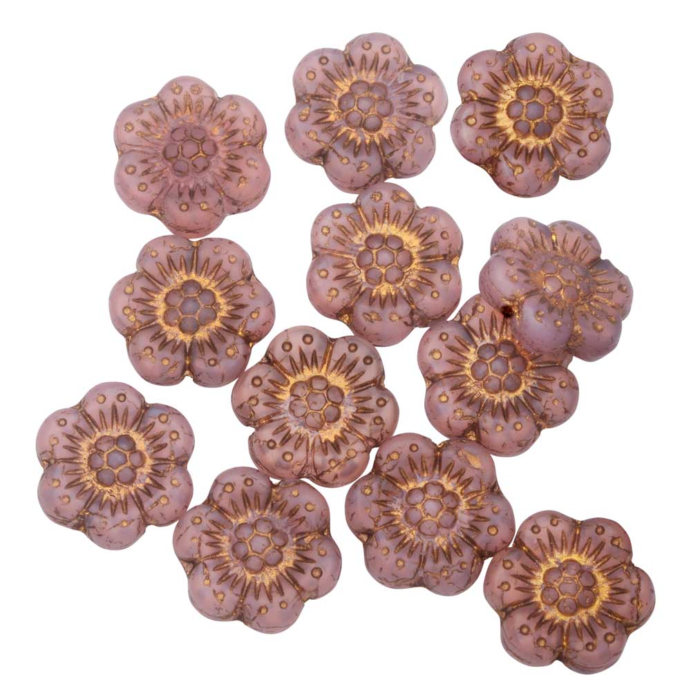 Czech Glass Beads, Wild Rose Flower 14mm, Pink Opaline Matte,Dark Bronze,1 Str, by Raven's Journey