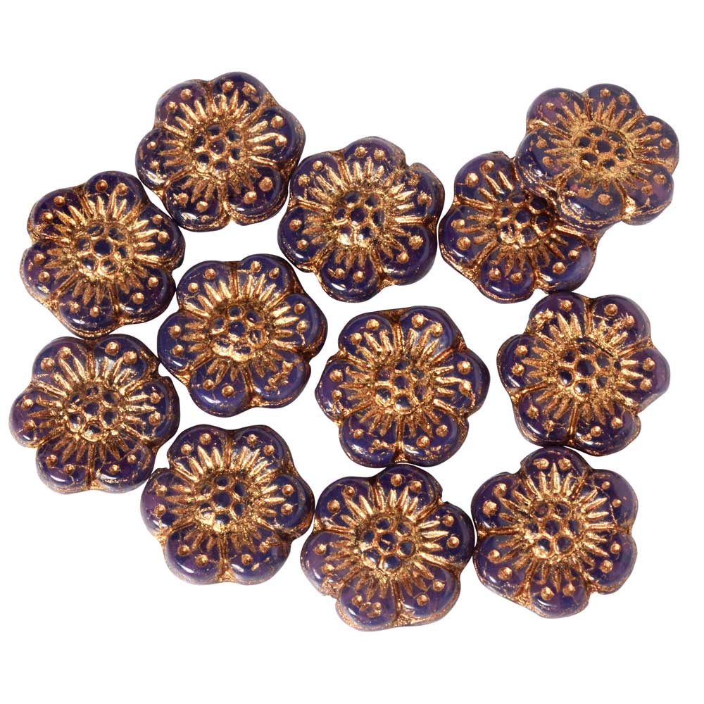 Czech Glass Beads, Wild Rose Flower 14mm, Purple Opaline, Dark Bronze, 1 Str, by Raven's Journey