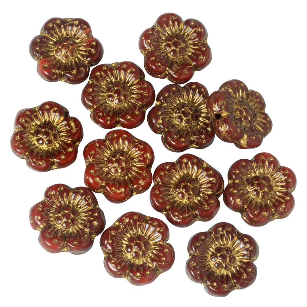 Czech Glass Beads, Wild Rose Flower 14mm, Red Opaline, Dark Bronze Wash, 1 Str, by Raven's Journey