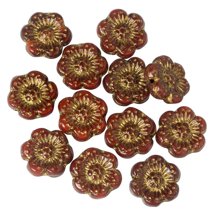 Czech Glass Beads, Wild Rose Flower 14mm, Red Opaline, Dark Bronze Wash, 1 Str, by Raven's Journey