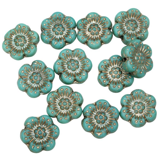 Czech Glass Beads, Wild Rose Flower 14mm, Turquoise Opaque, Platinum, 1 Str, by Raven's Journey